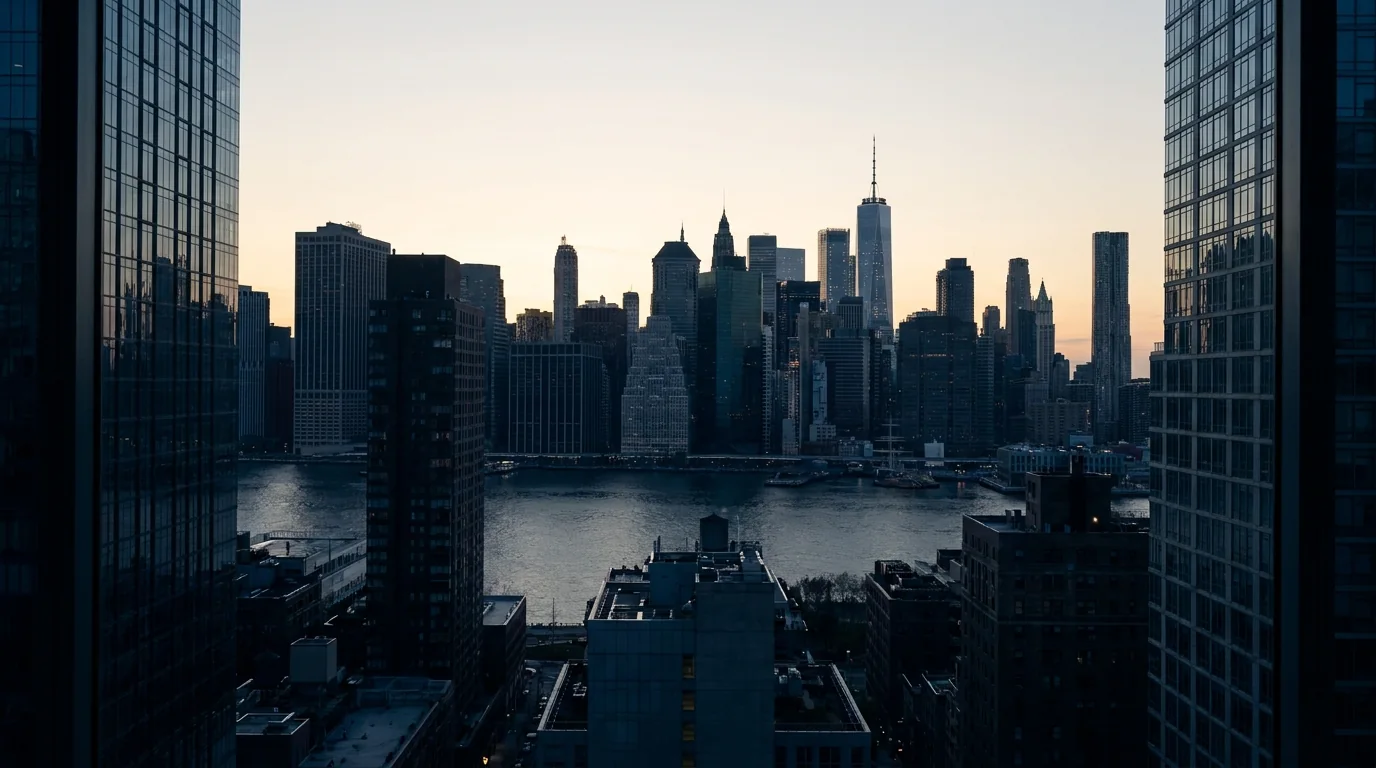 AI-generated editorial image of the Manhattan skyline at dawn